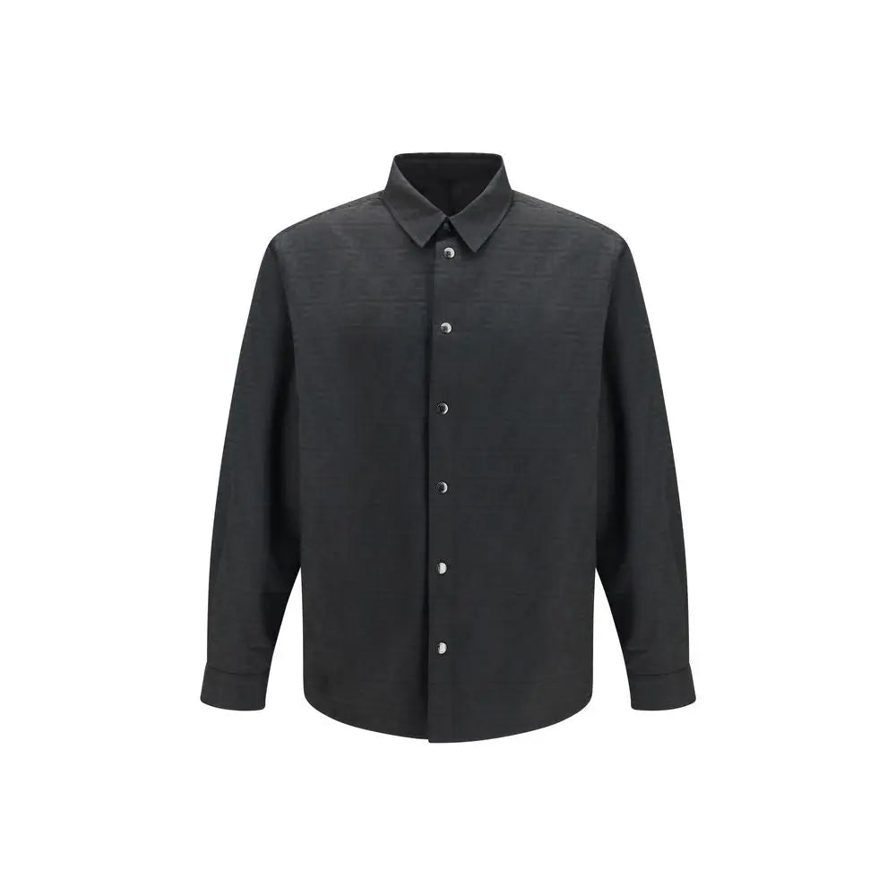 Chemise noire fendi en polyester avec col classique manches longues et boutons argentés