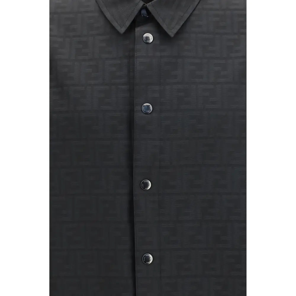 Chemise noire fendi en polyester avec motif logo ff répété et boutons argentés