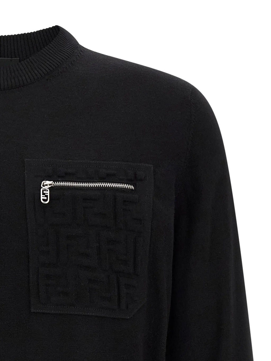 Cardigan noir fendi en laine vierge avec poche poitrine texturée du logo ff et fermeture éclair argentée