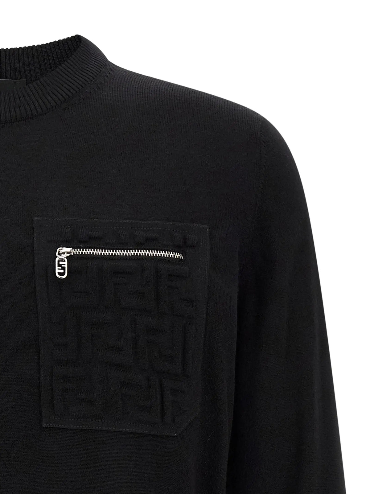 Cardigan noir fendi en laine vierge avec poche poitrine texturée du logo ff et fermeture éclair argentée