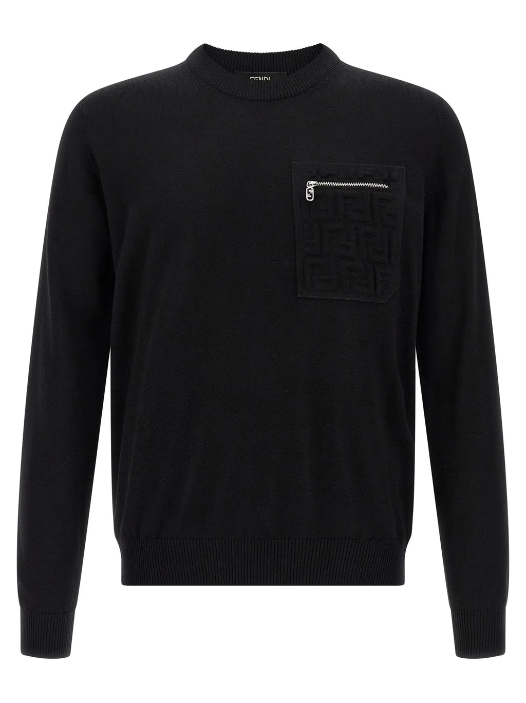 Cardigan fendi noir en laine vierge avec poche texturée et fermeture éclair argentée