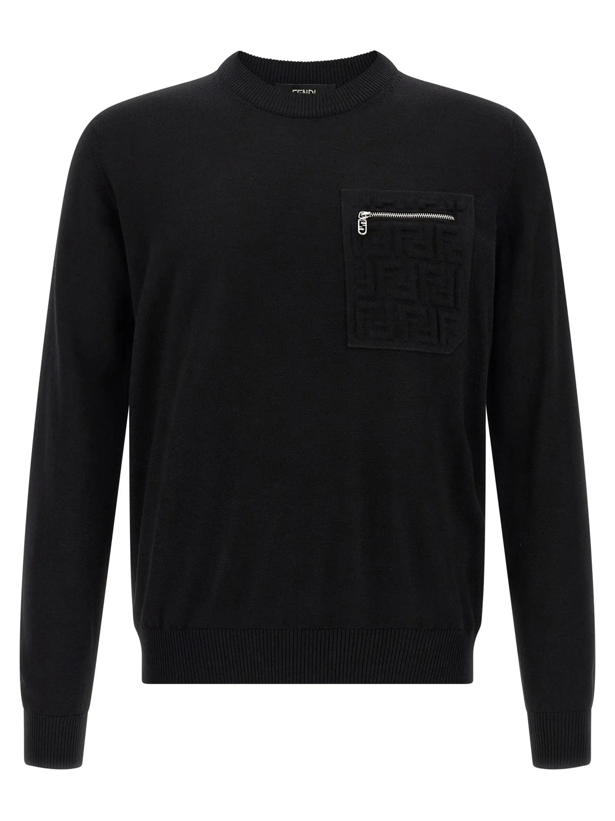 Cardigan fendi noir en laine vierge avec poche texturée et fermeture éclair argentée