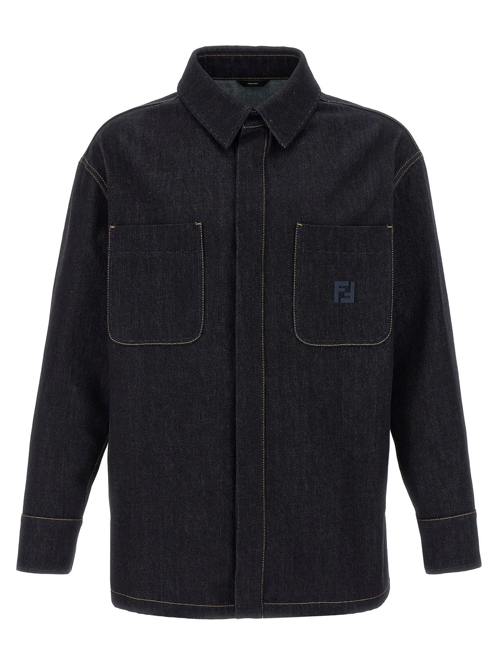 Veste en denim bleu fendi en coton avec surpiqûres blanches contrastées et logo fendi discret sur la poche poitrine