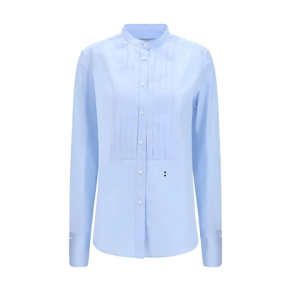 Chemise habillée fendi bleu en coton avec col mandarin et plis verticaux sur le devant manches longues