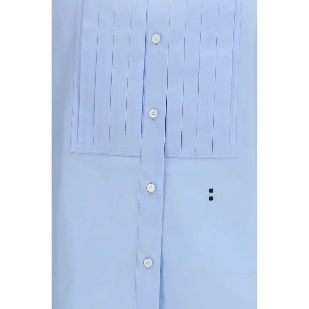 Chemise bleue en coton fendi plissée avec boutons blancs et logo noir subtil