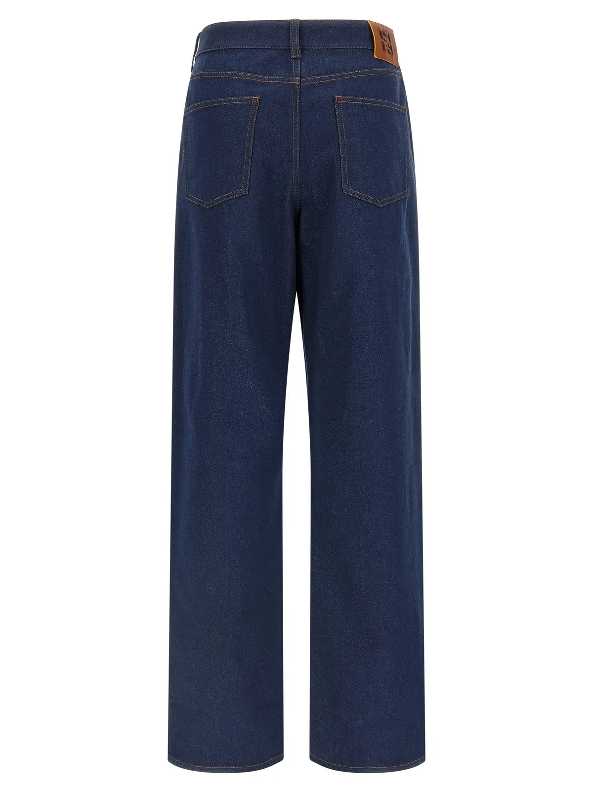 Pantalon en denim bleu foncé fendi en coton coupe droite avec patch en cuir marron à la taille vue de dos
