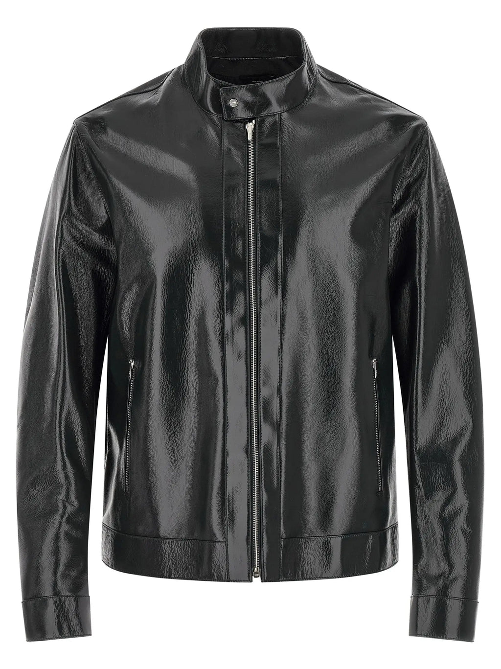 Veste bomber fendi en cuir bleu agneau avec col montant et fermeture éclair avant en cuir synthétique noir brillant