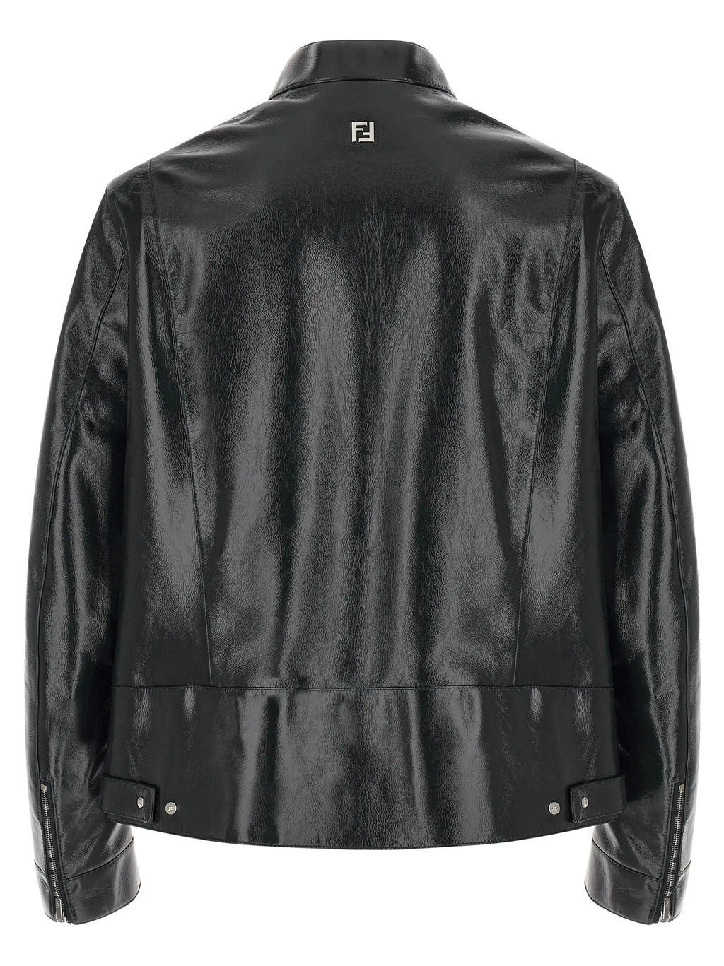 Veste en cuir bleu lamb fendi avec finition brillante et logo brodé visible sur le dos noir