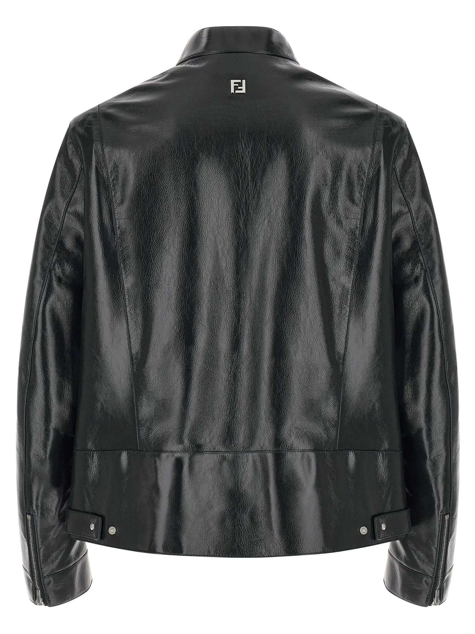 Veste en cuir bleu lamb fendi avec finition brillante et logo brodé visible sur le dos noir