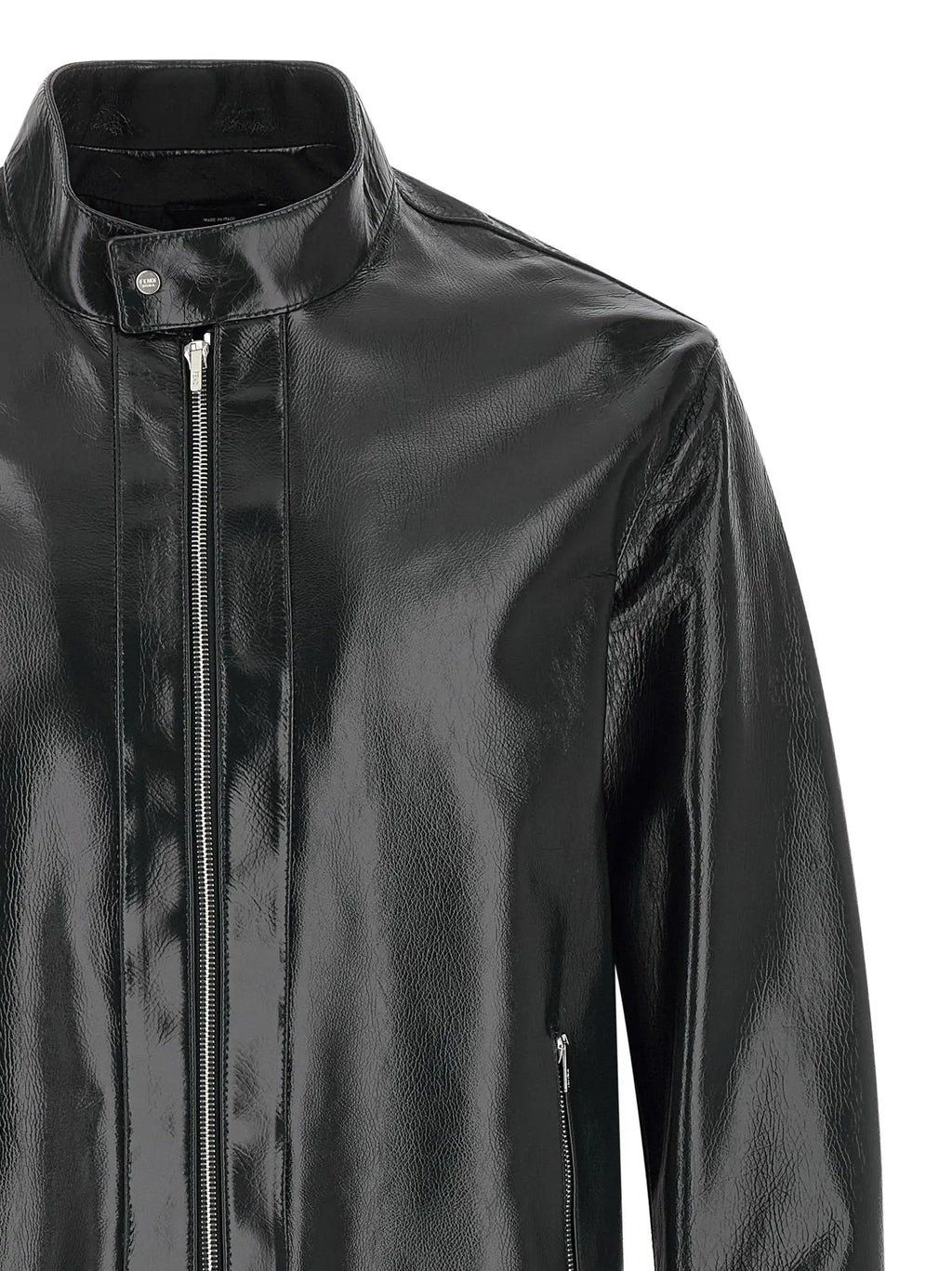 Veste fendi blue lamb en cuir noir verni avec col montant et détails de fermeture éclair argentés