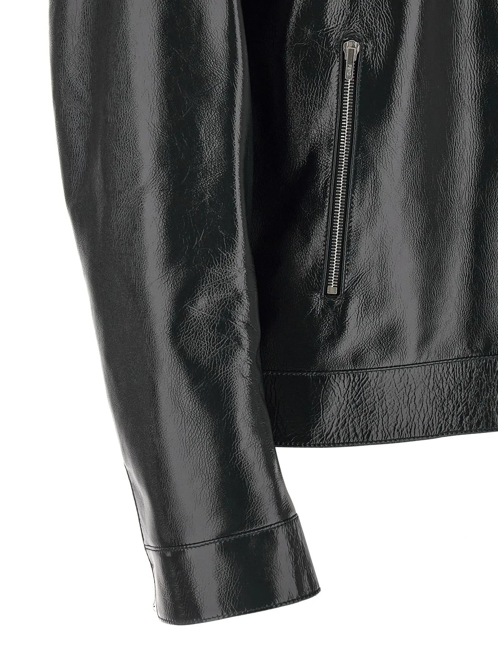 Veste biker fendi blue en cuir dagneau bleu avec fermeture éclair argentée et finition brillante