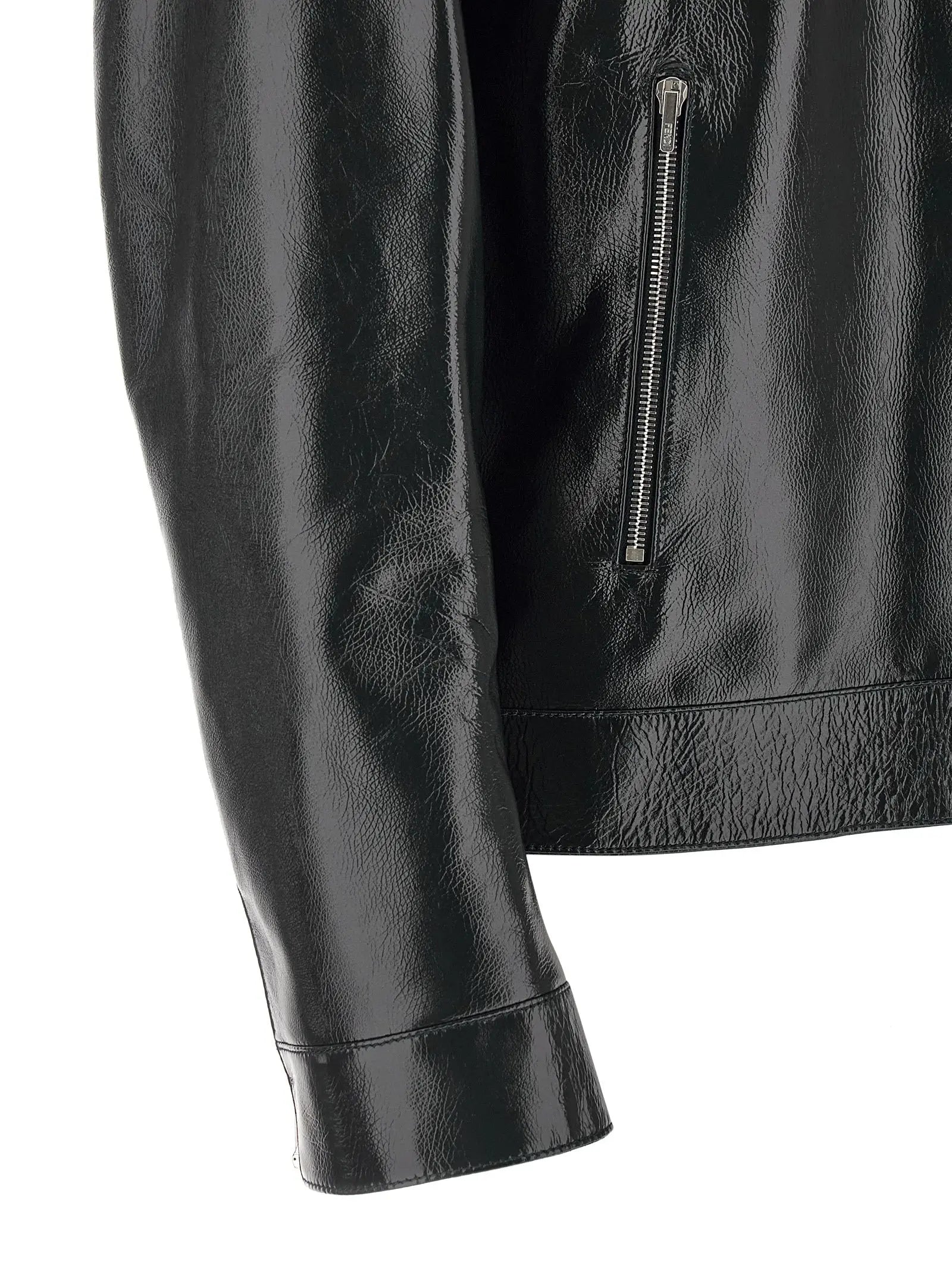 Veste biker fendi blue en cuir dagneau bleu avec fermeture éclair argentée et finition brillante