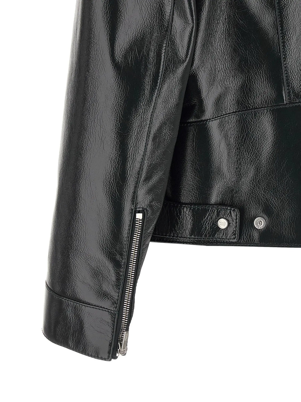 Veste moto fendi blue lamb en cuir noir avec fermeture éclair à la manche et boutons pression argentés