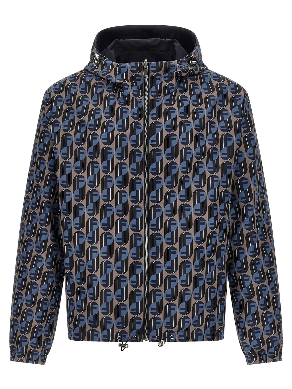 Veste à capuche homme fendi en polyester bleu avec motif logo f stylisé marine et noir sur tissu gris et doublure noire