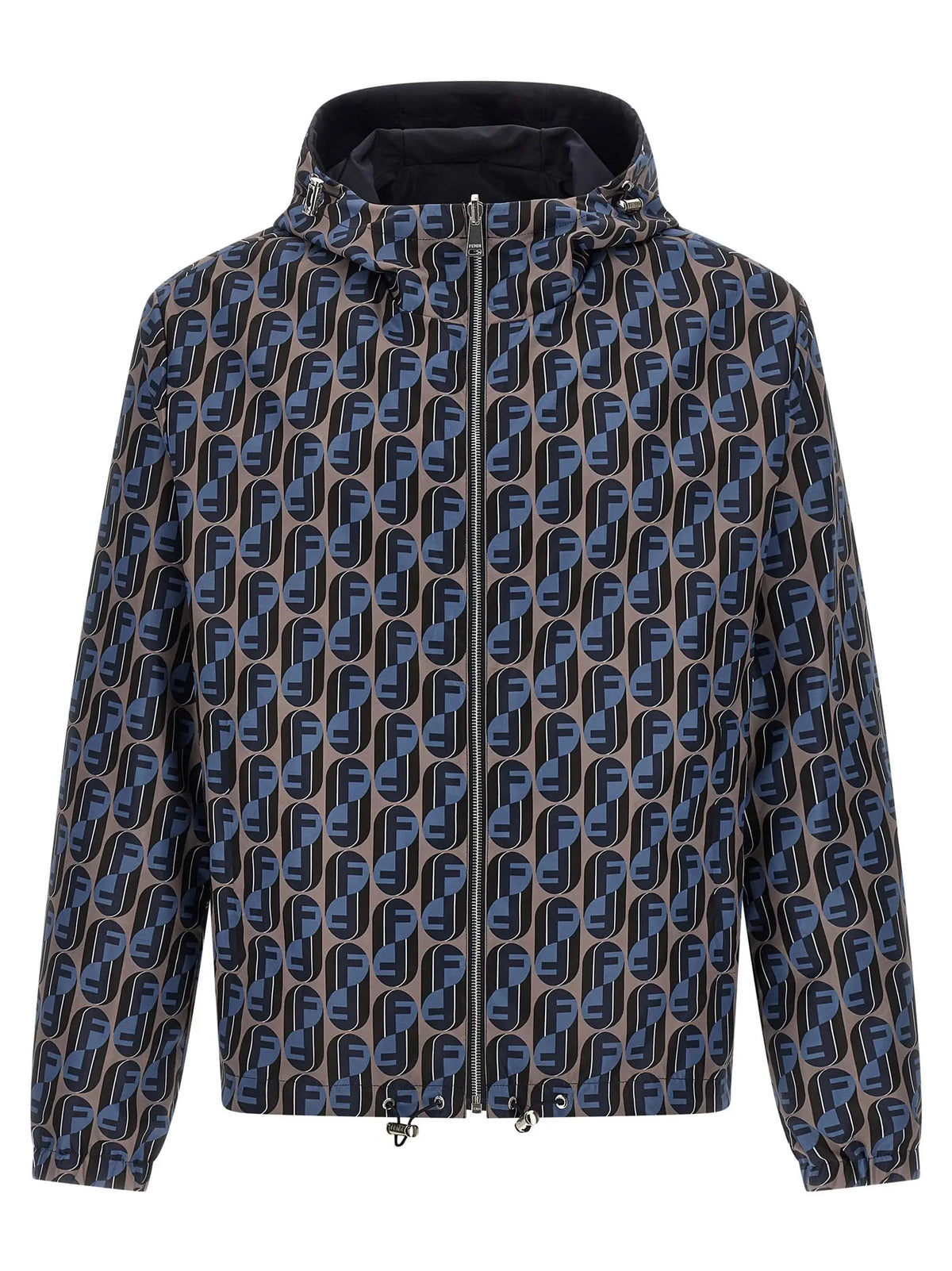 Veste à capuche homme fendi en polyester bleu avec motif logo f stylisé marine et noir sur tissu gris et doublure noire