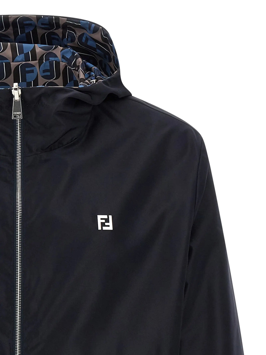 Veste à capuche fendi noire en polyester avec logo blanc sur la poitrine et doublure à motif