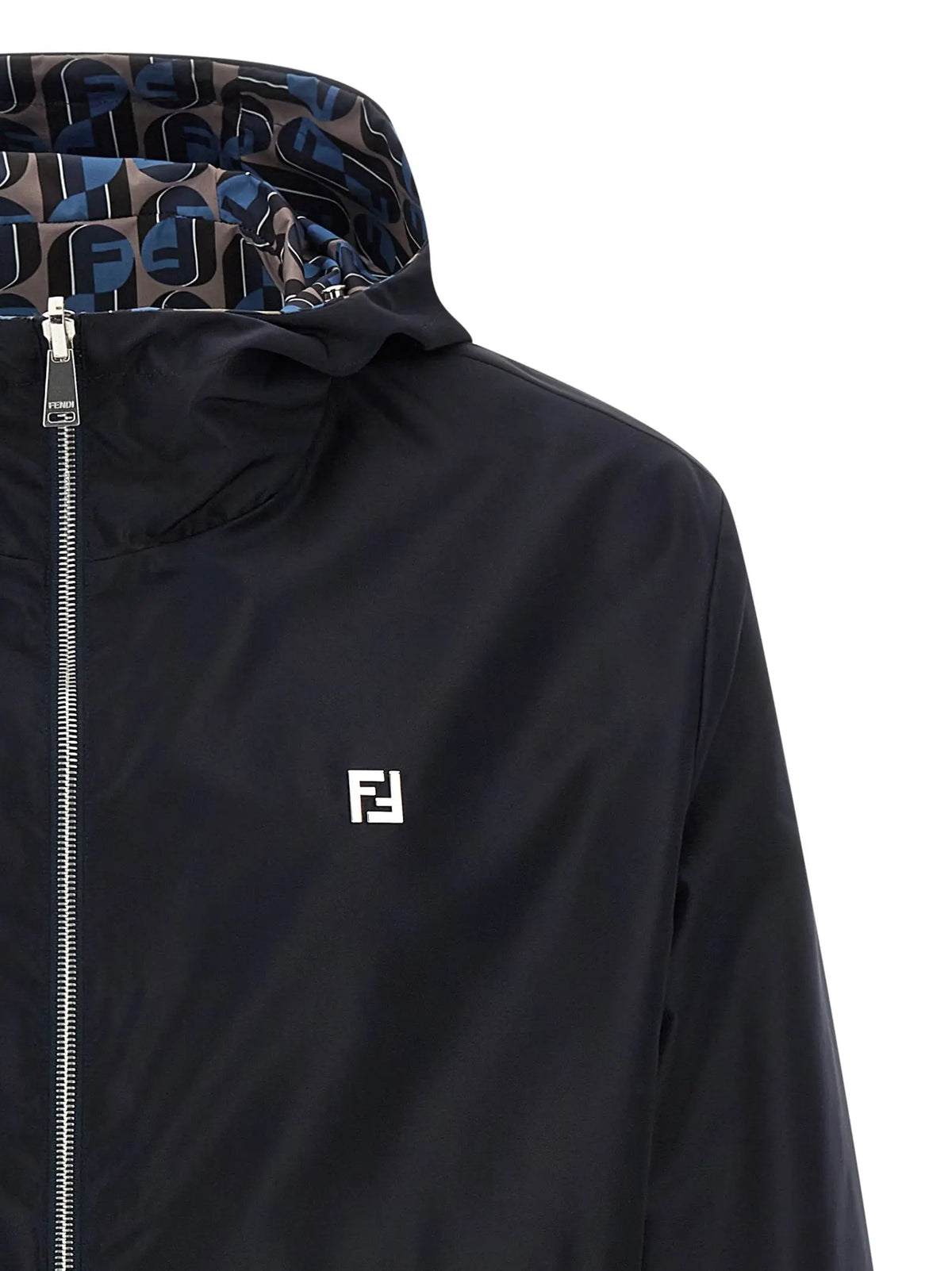 Veste à capuche fendi noire en polyester avec logo blanc sur la poitrine et doublure à motif