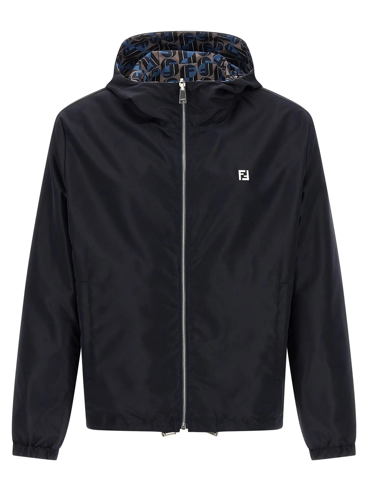 Veste fendi bleue en polyester avec capuche noire, fermeture éclair argentée et doublure à motif contrasté
