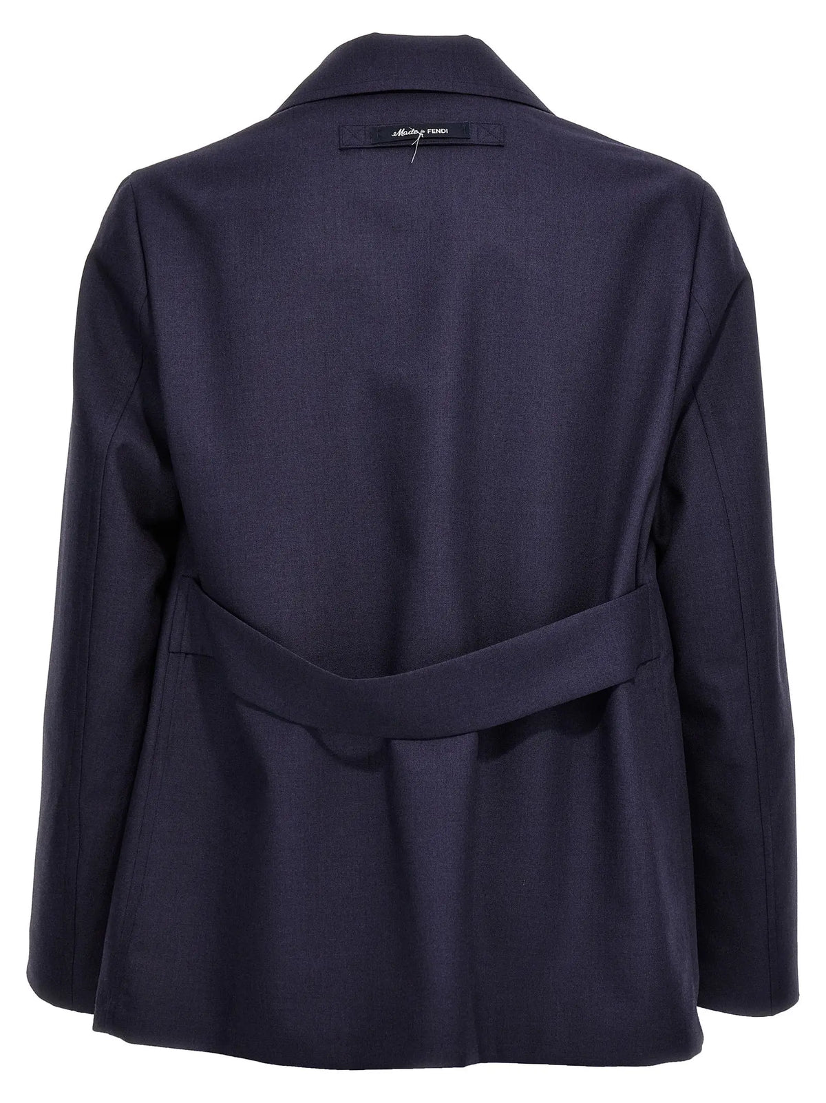 Blazer en laine vierge bleu marine fendi avec ceinture, col structuré et coupe cintrée, veste longue élégante