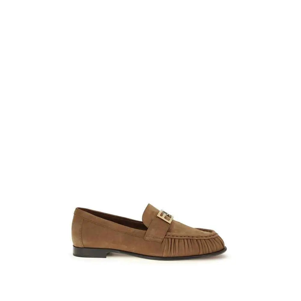 Fendi brown lamb ovis aries slip-on loafers en daim marron avec bout à franges et boucle dorée