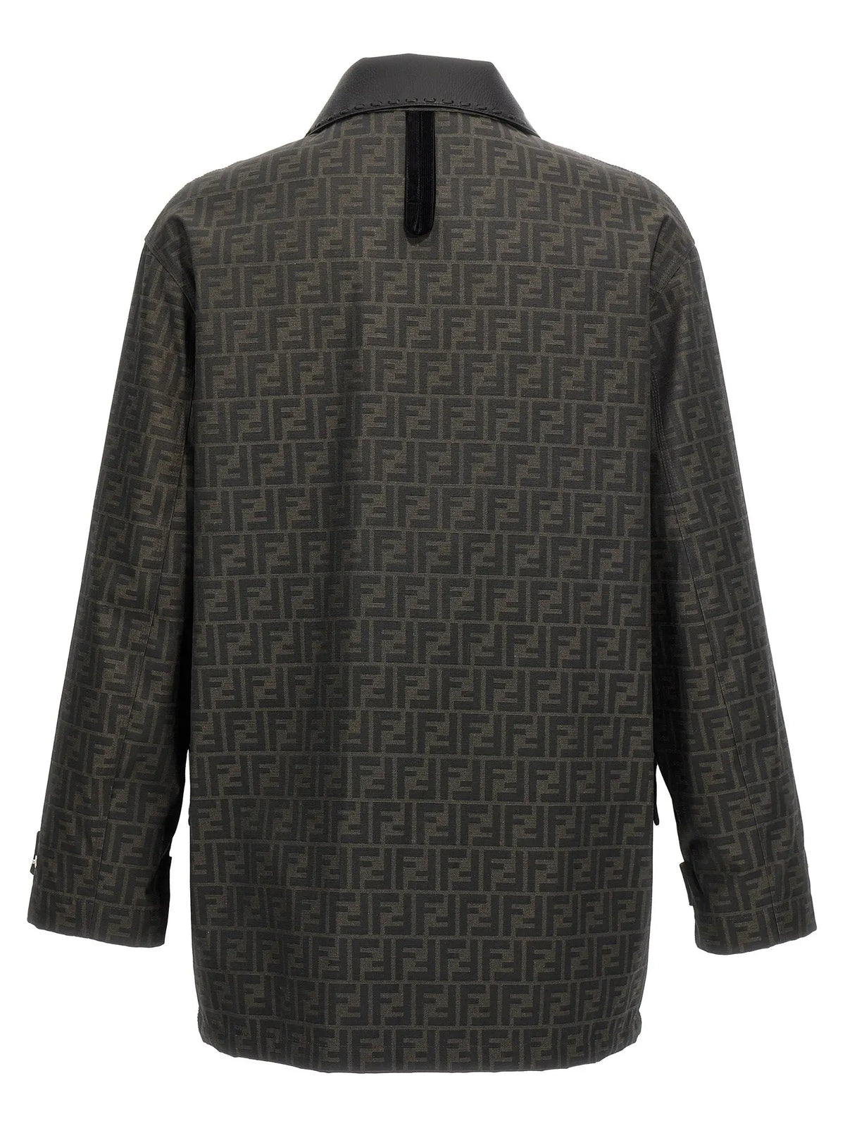 Veste fendi marron en polyester longueur totale avec motif monogramme foncé et col en cuir noir