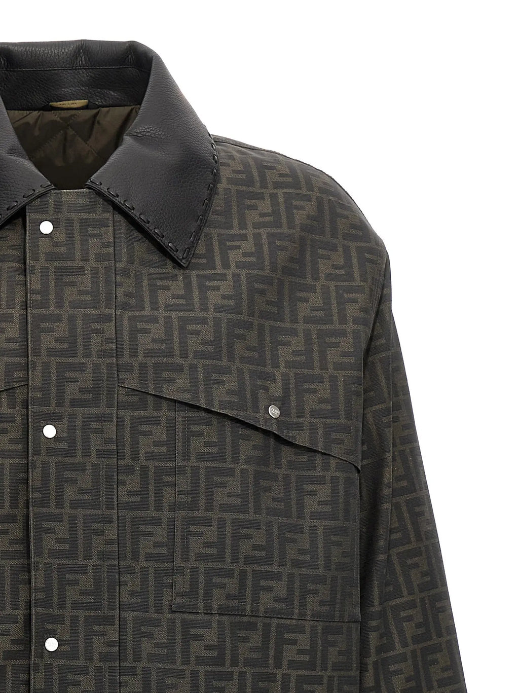 Veste fendi marron en polyester pleine longueur avec motif ff gris foncé et col en cuir noir