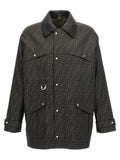 Veste fendi marron en polyester pleine longueur avec motif logo ff noir et ferrures argentées