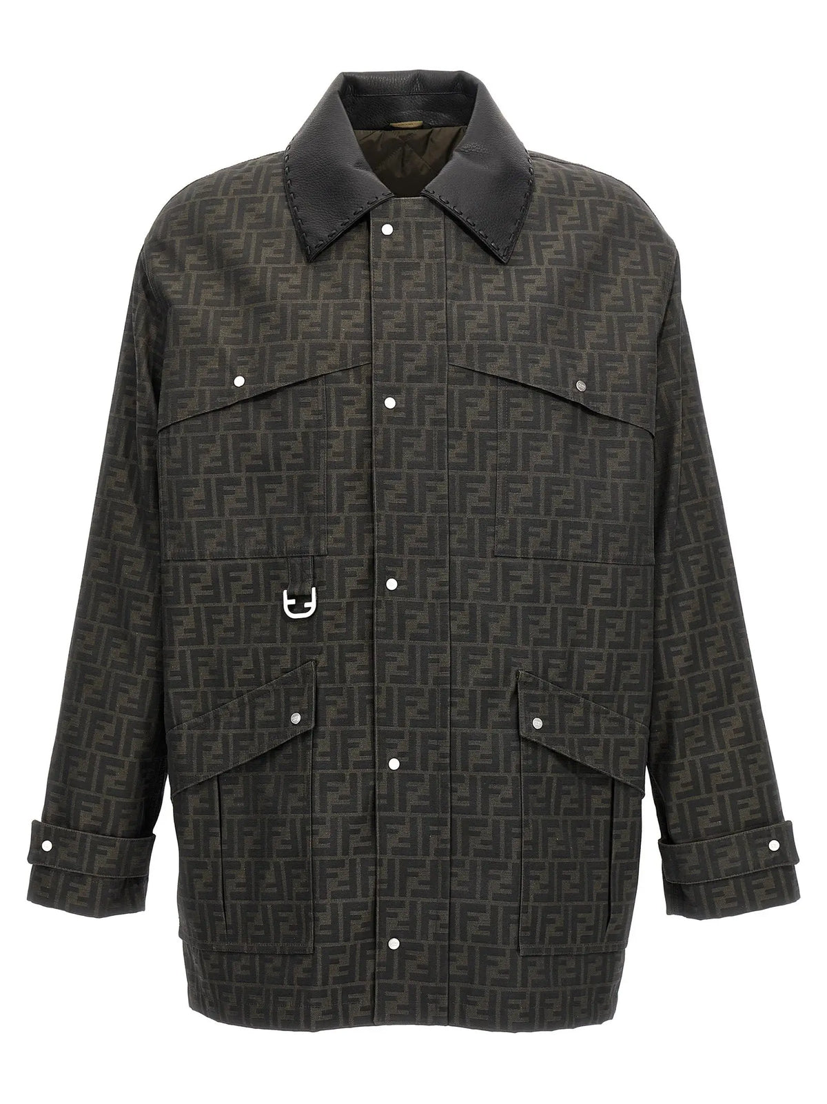 Veste fendi marron en polyester pleine longueur avec motif logo ff noir et ferrures argentées