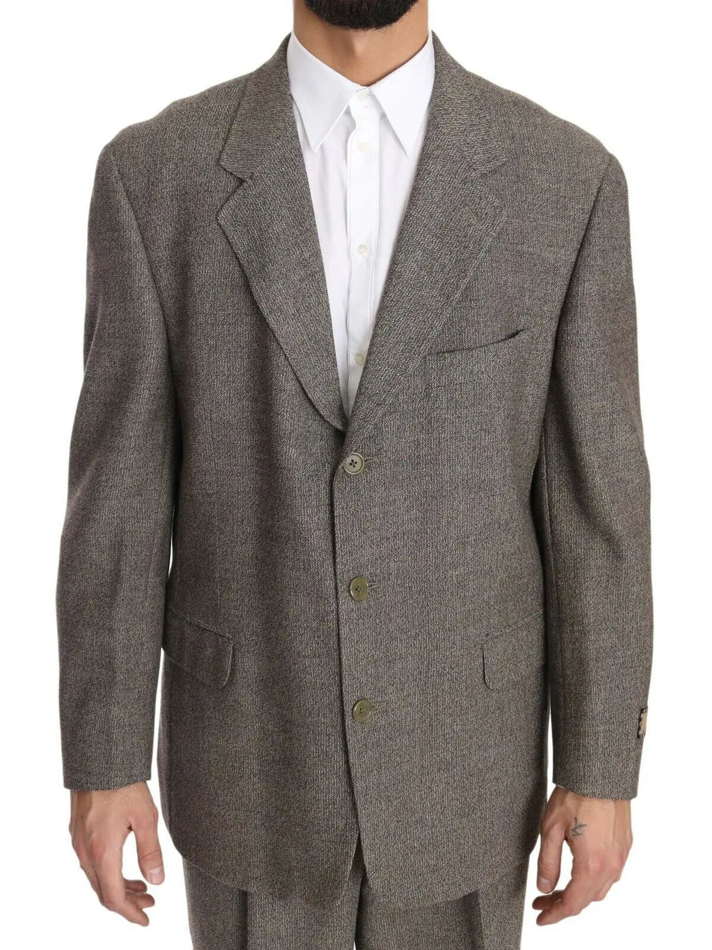 Blazer homme gris en laine à chevrons avec trois boutons et poches à rabat dans un costume fendi marron
