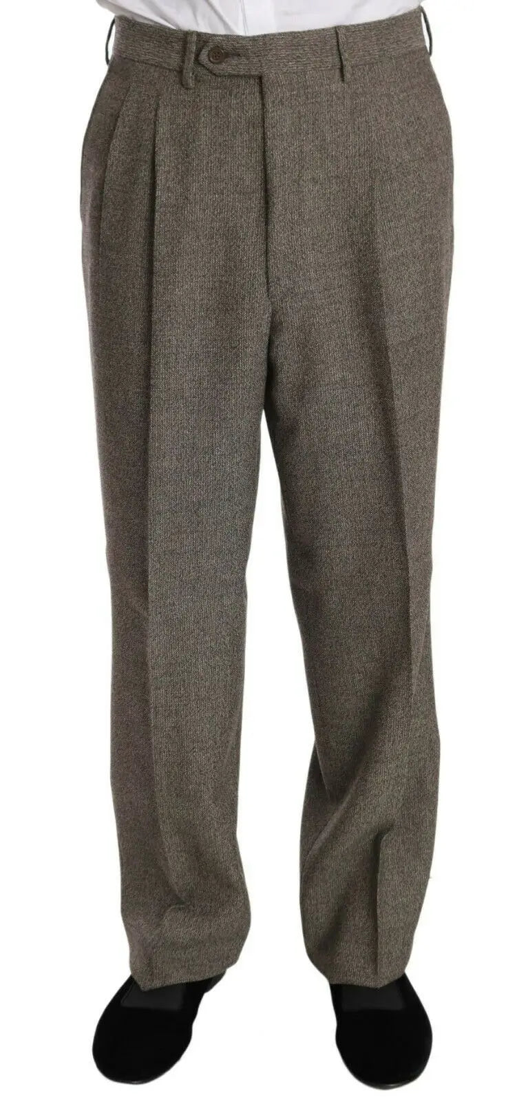 Pantalon en laine gris à chevrons avec plis avant classiques et passants de ceinture dans le costume fendi marron