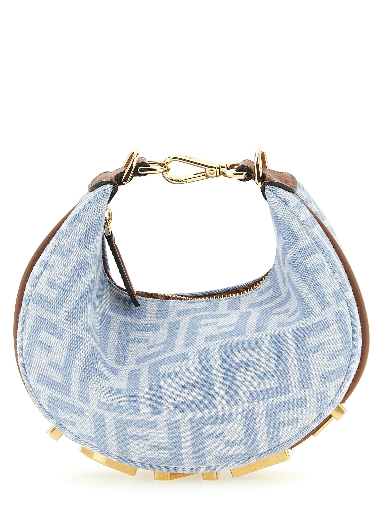 Sacs à main Fendi en coton bleu avec détails élégants, vue de face montrant la texture et le design sophistiqué.