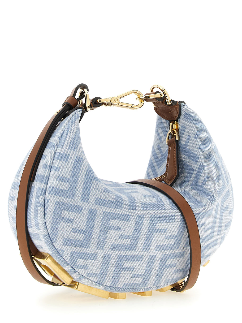 Sac à main Fendi en coton bleu avec détails élégants, vue de face montrant la texture et la finition du produit.