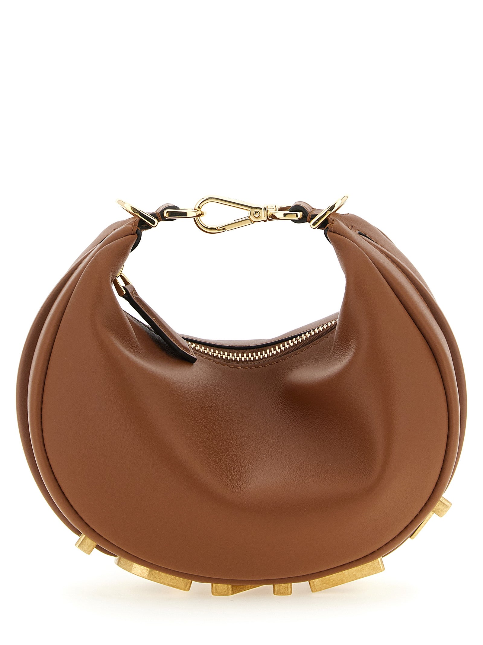 Sac à main Fendi en cuir de veau marron, élégant et sophistiqué, avec design classique et détails en or.
