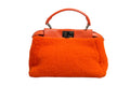 Sac à main Fendi Peekaboo en cuir orange et shearling avec poignée courte, élégance et style.