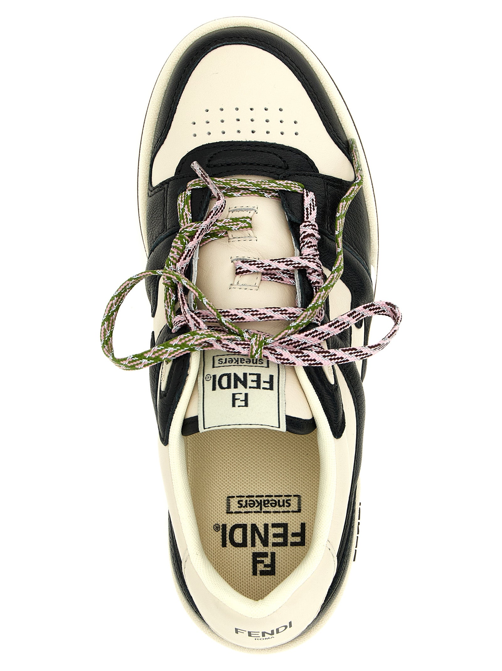 Sneakers sport Fendi bicolores en cuir de veau, style athlétique et moderne, avec détails colorés et design élégant.
