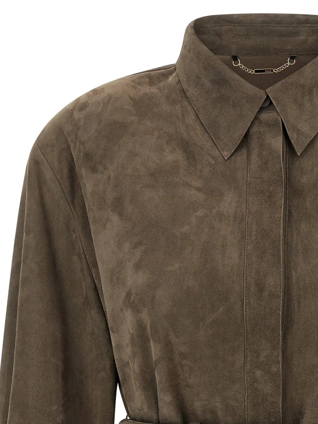 Blouse fendi en cuir dagneau gris taupe avec col structuré en daim et détails discrets de couture