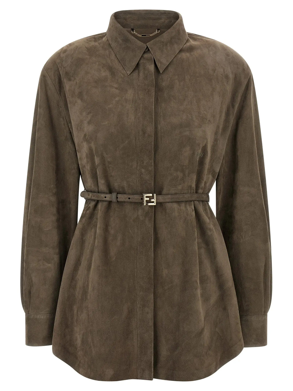 Chemise fendi en daim vert olive avec col classique et ceinture assortie à boucle logo ff dorée