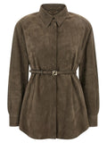 Chemise fendi en daim vert olive avec col classique et ceinture assortie à boucle logo ff dorée