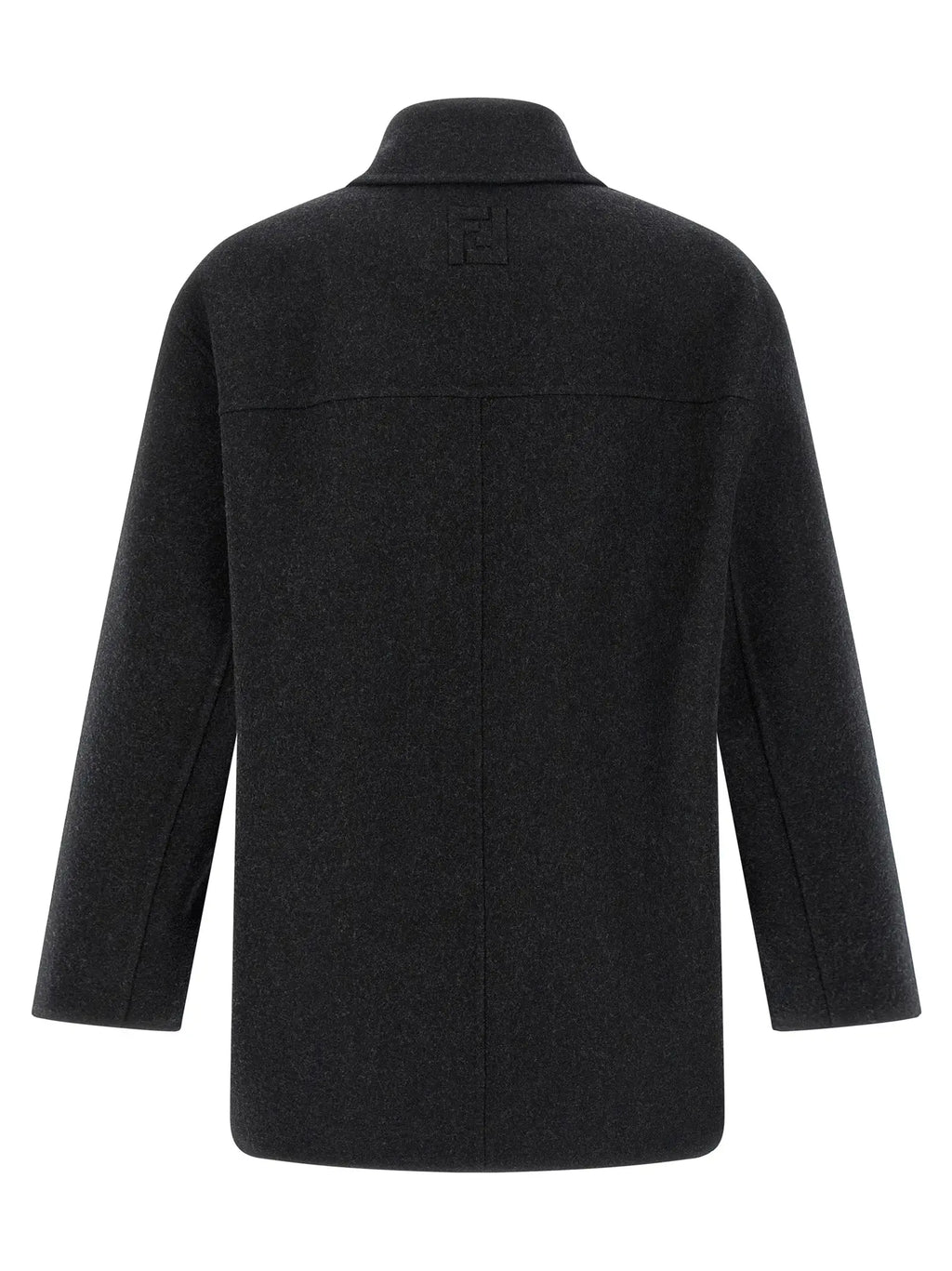 Manteau fendi en laine vierge gris avec col structuré et logo discret brodé au dos en noir