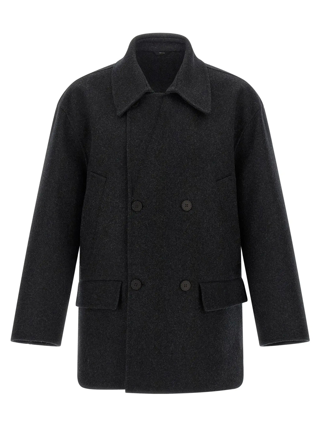 Manteau double boutonnage noir en laine avec col cranté et poches à rabat fendi gris en laine vierge