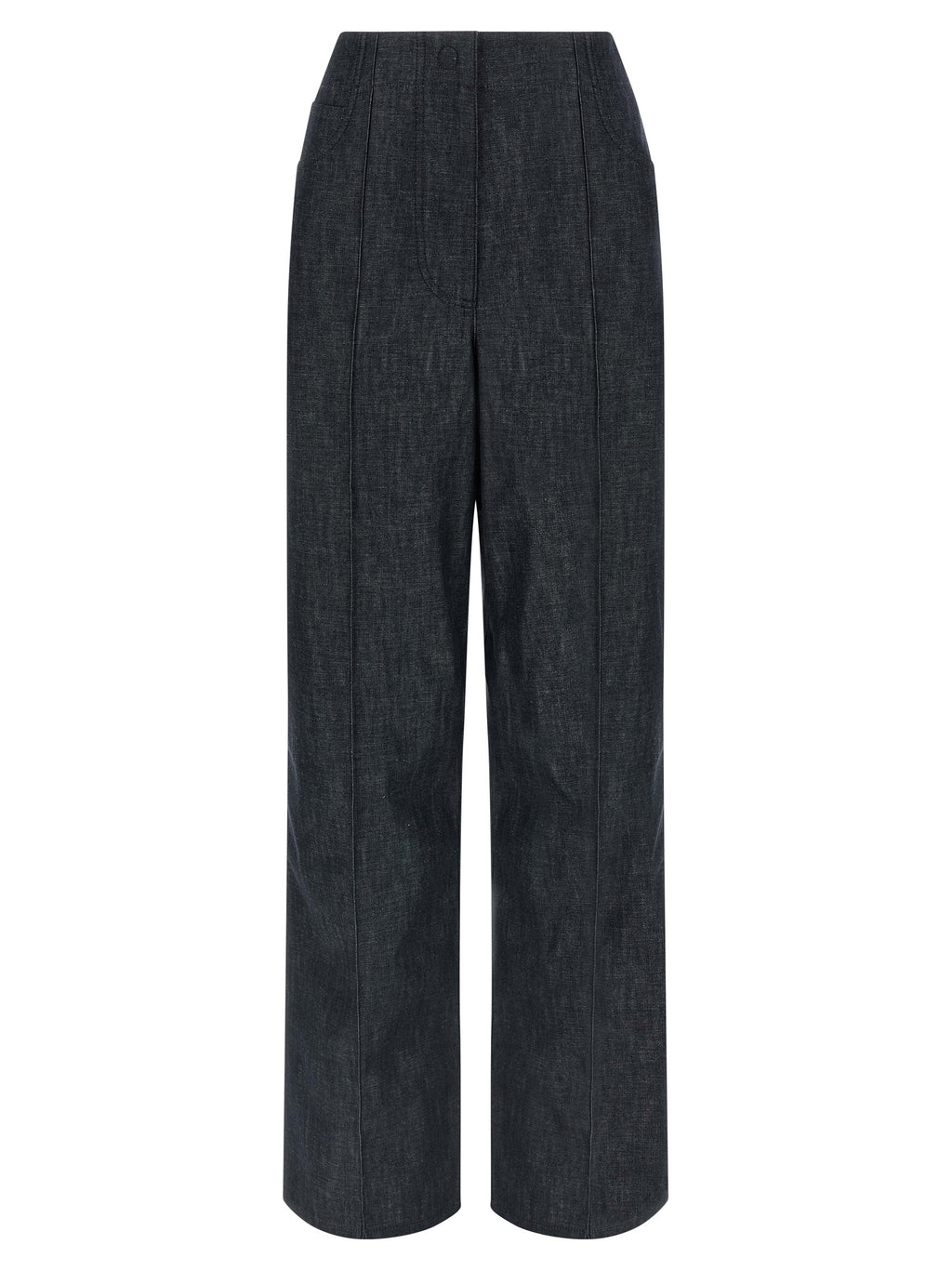 Jean taille haute en coton bleu Fendi, coupe élégante et moderne, avec détails de marque visibles.
