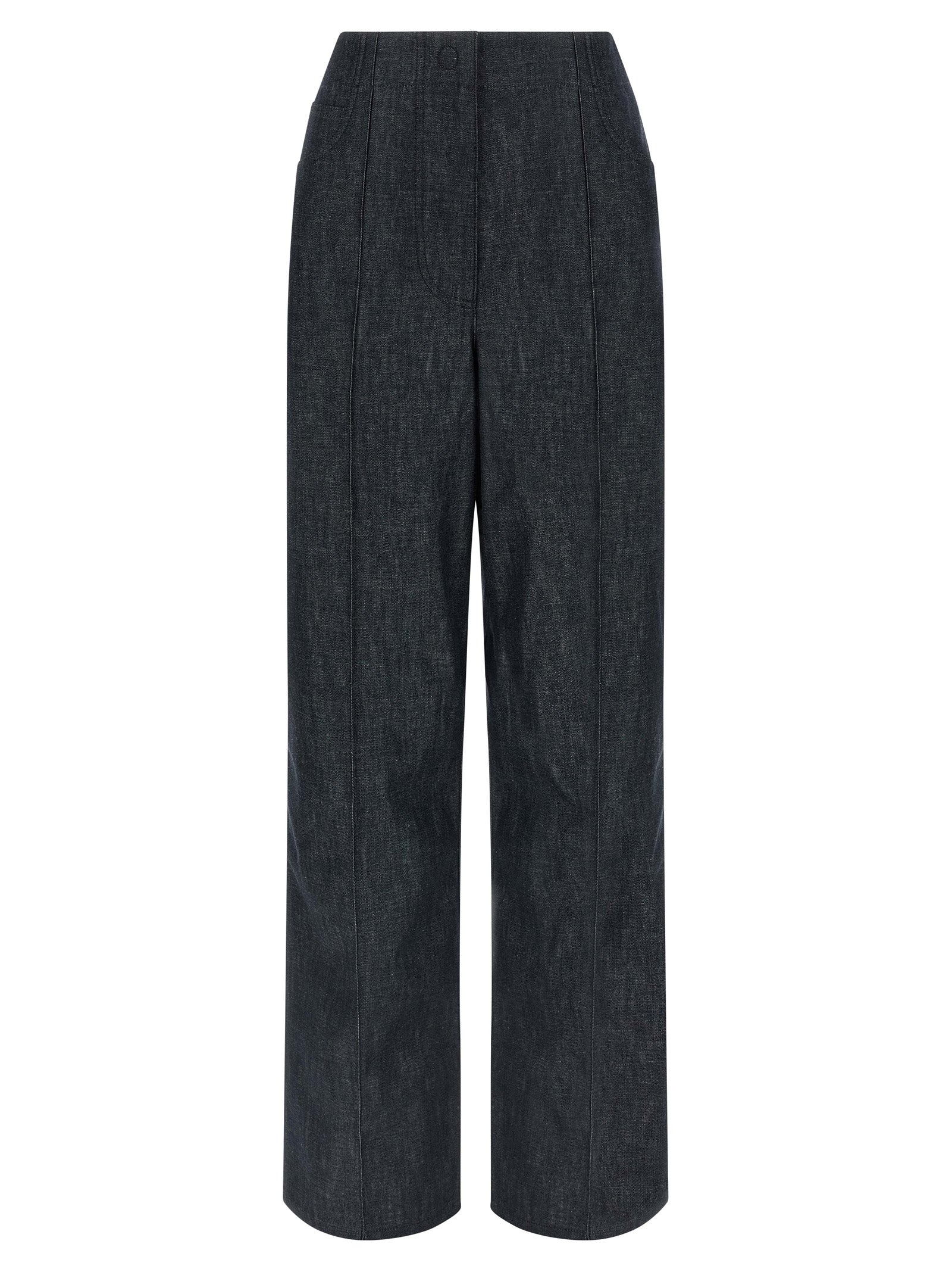 Jean taille haute en coton bleu Fendi, coupe élégante et moderne, avec détails de marque visibles.