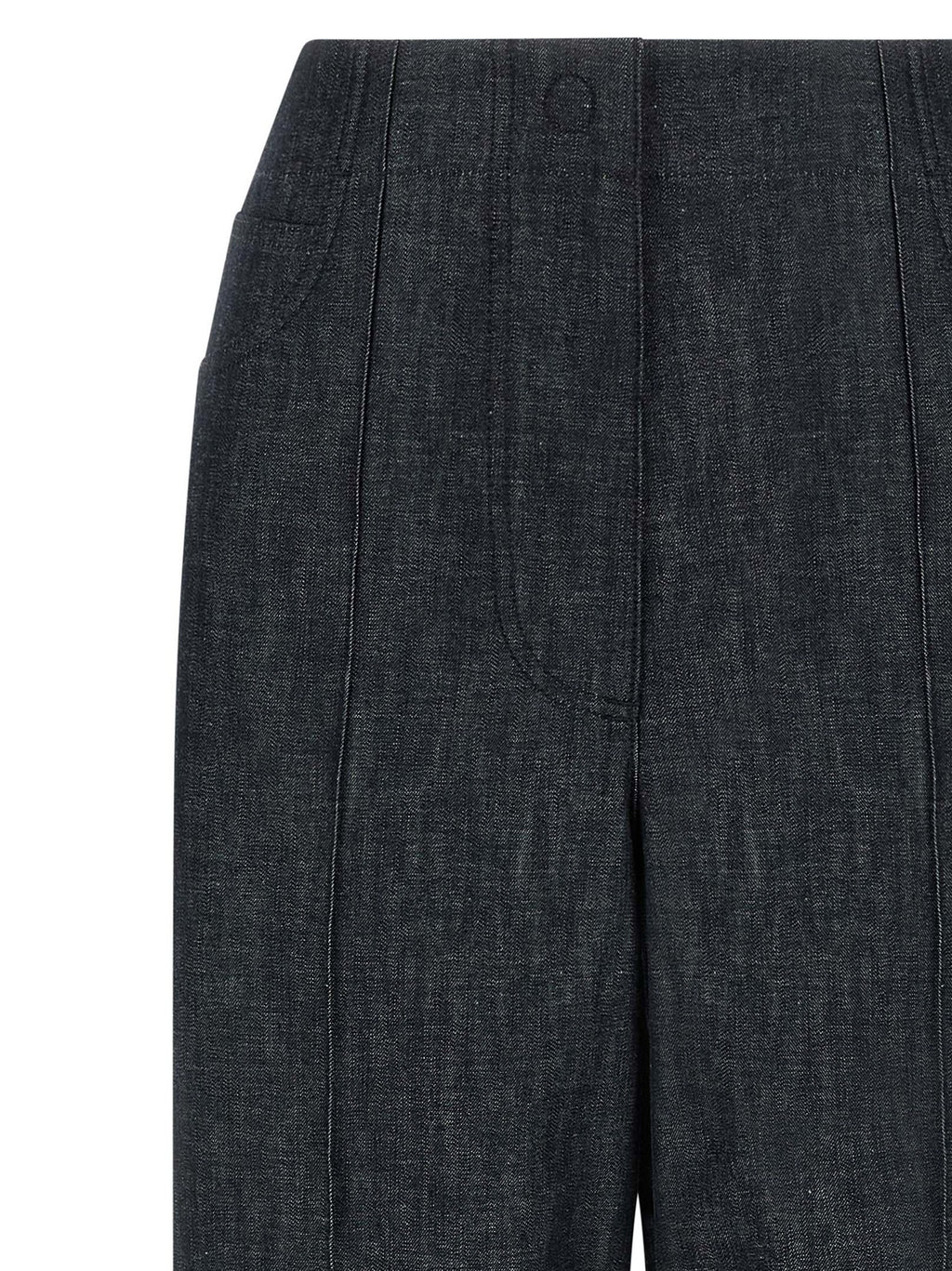 Jeans Fendi en coton bleu taille haute, coupe classique, avec détails de couture visibles.