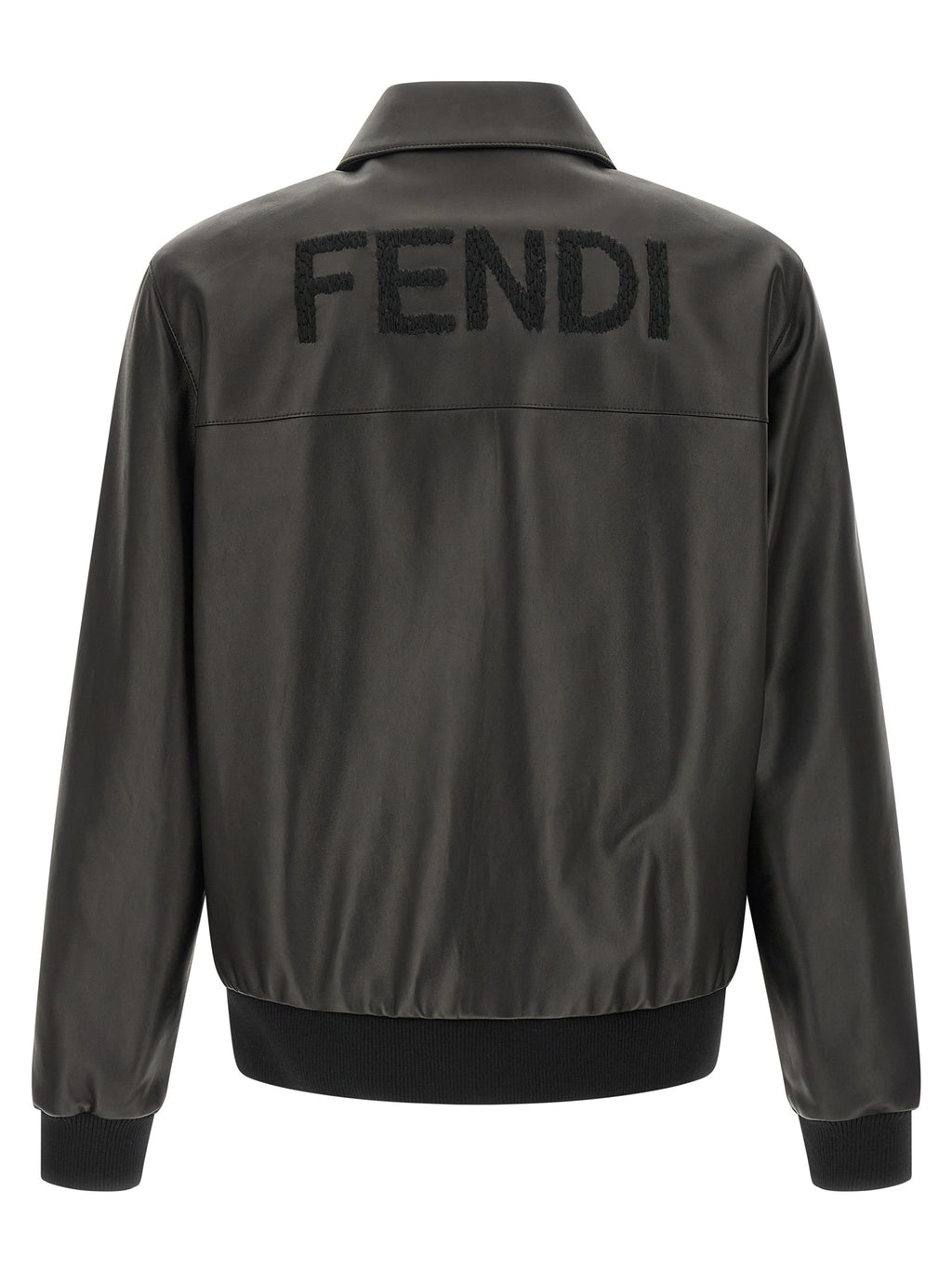 Veste en cuir d'agneau noir de la marque Fendi, avec détails élégants et coupe moderne, visible sur l'image.