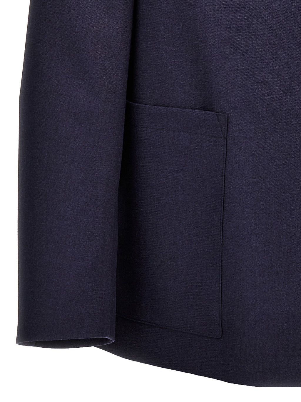 Veste longue en laine vierge bleue de Fendi, vêtement élégant avec fermeture à boutons et col classique, vue de face.