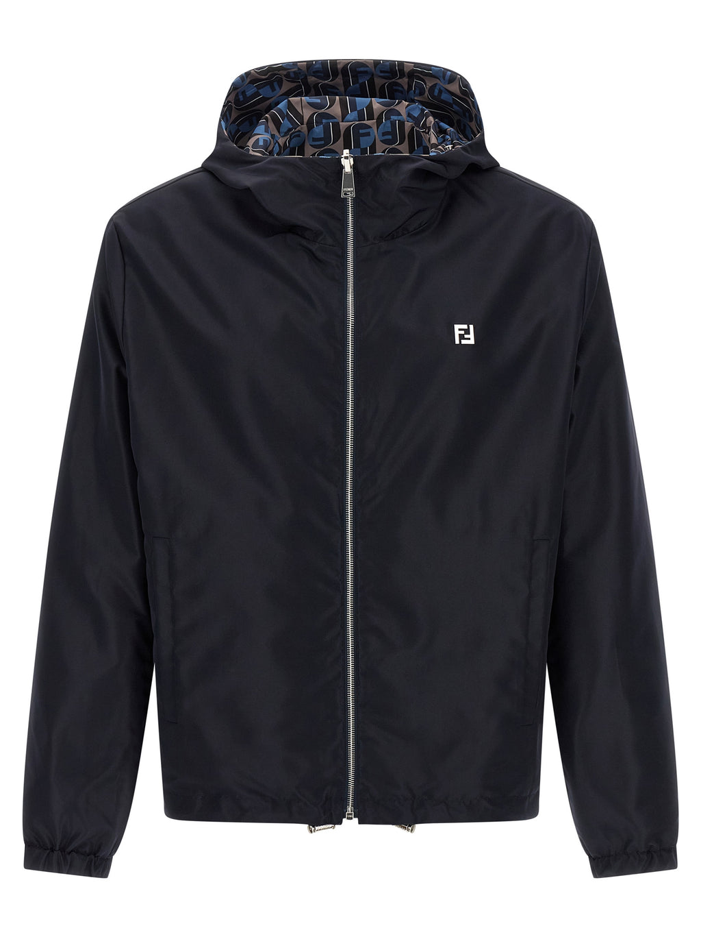 Veste en polyester bleu de la marque Fendi, coupe ajustée avec fermeture éclair et col montant, vue de face.