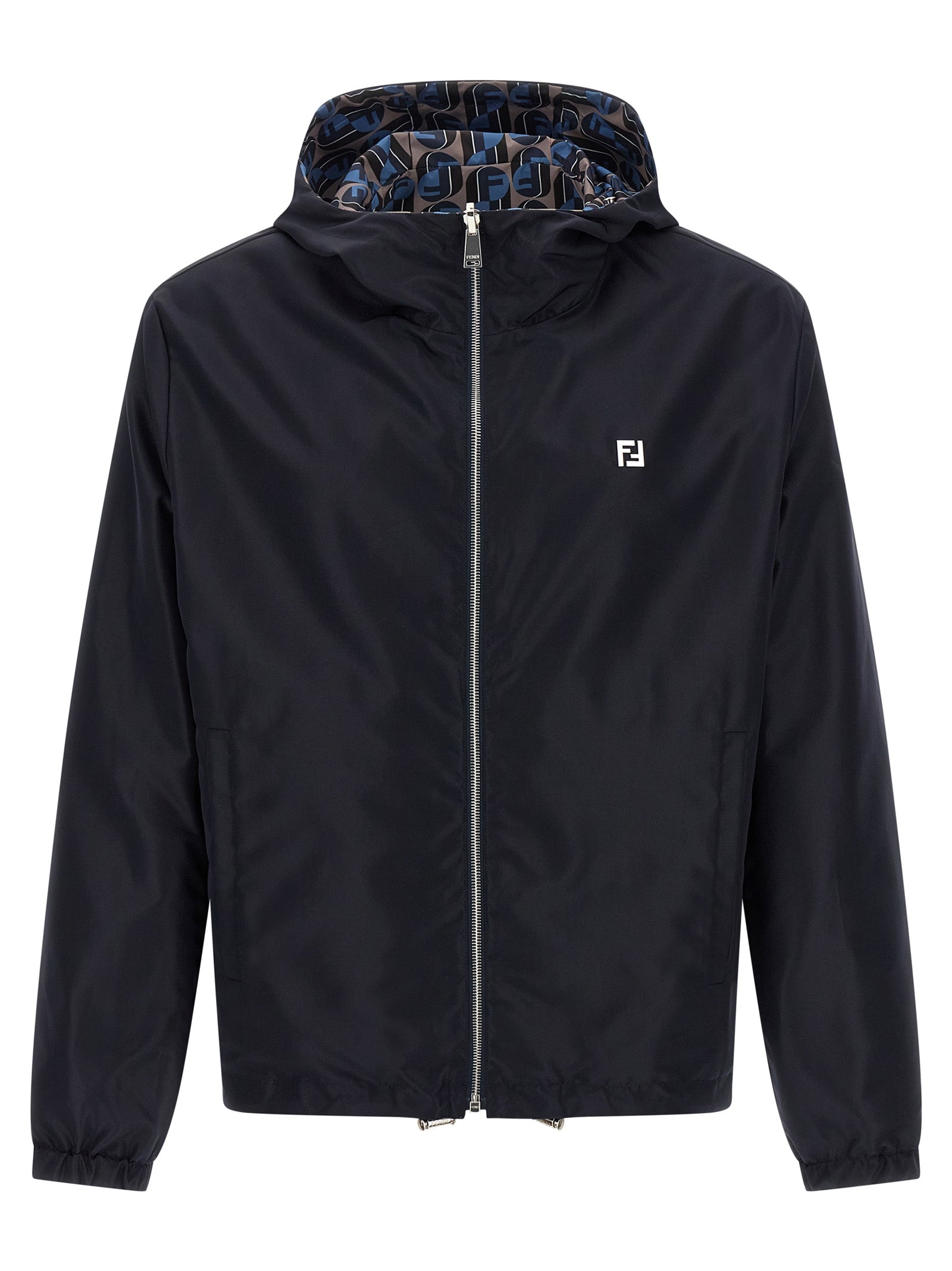 Veste en polyester bleu de la marque Fendi, coupe ajustée avec fermeture éclair et col montant, vue de face.
