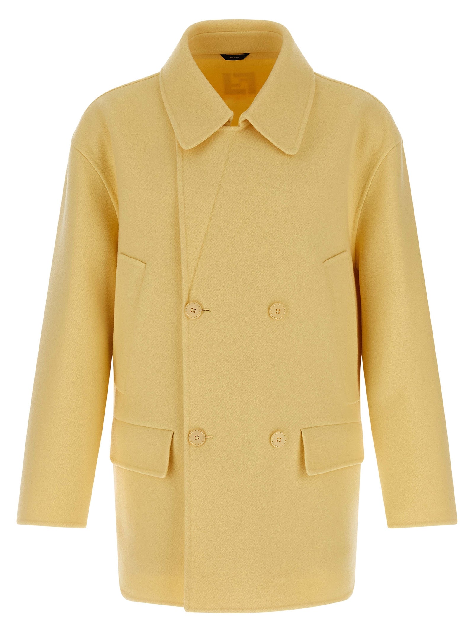 Manteau Fendi en laine vierge bicolore, coupe élégante et sophistiquée, visible sur un fond neutre.