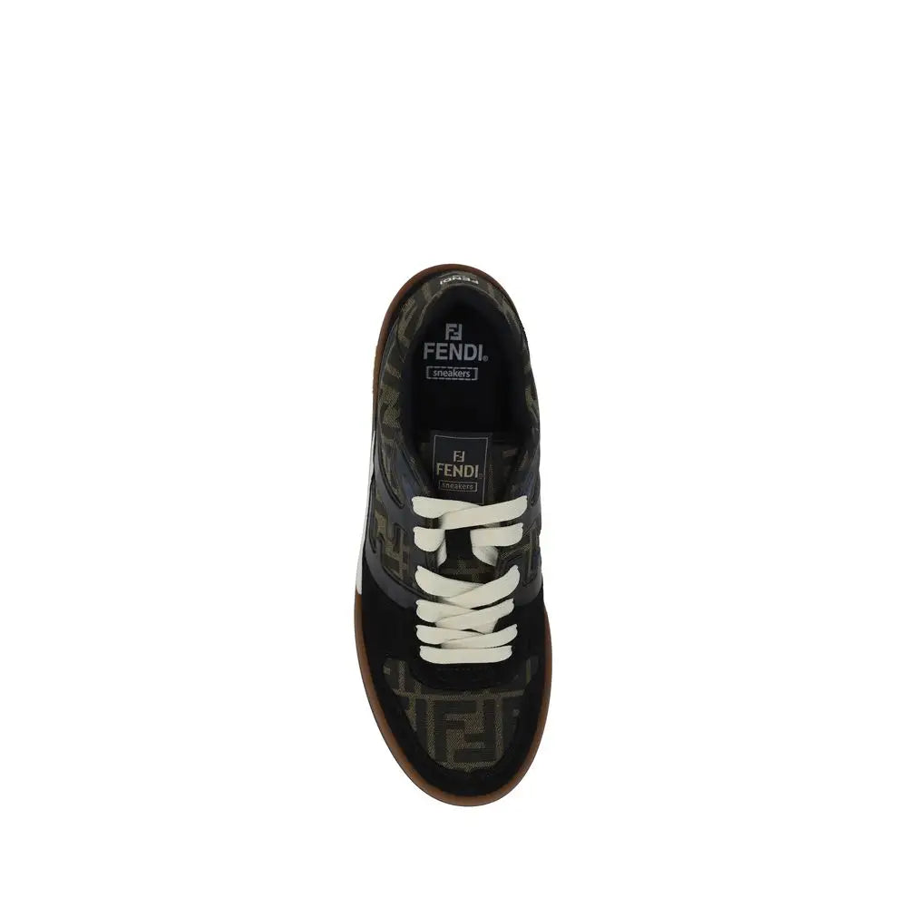 Basket fendi multicolor en cuir de veau noir avec motif ff répétitif et lacets blancs pour chaussures basses