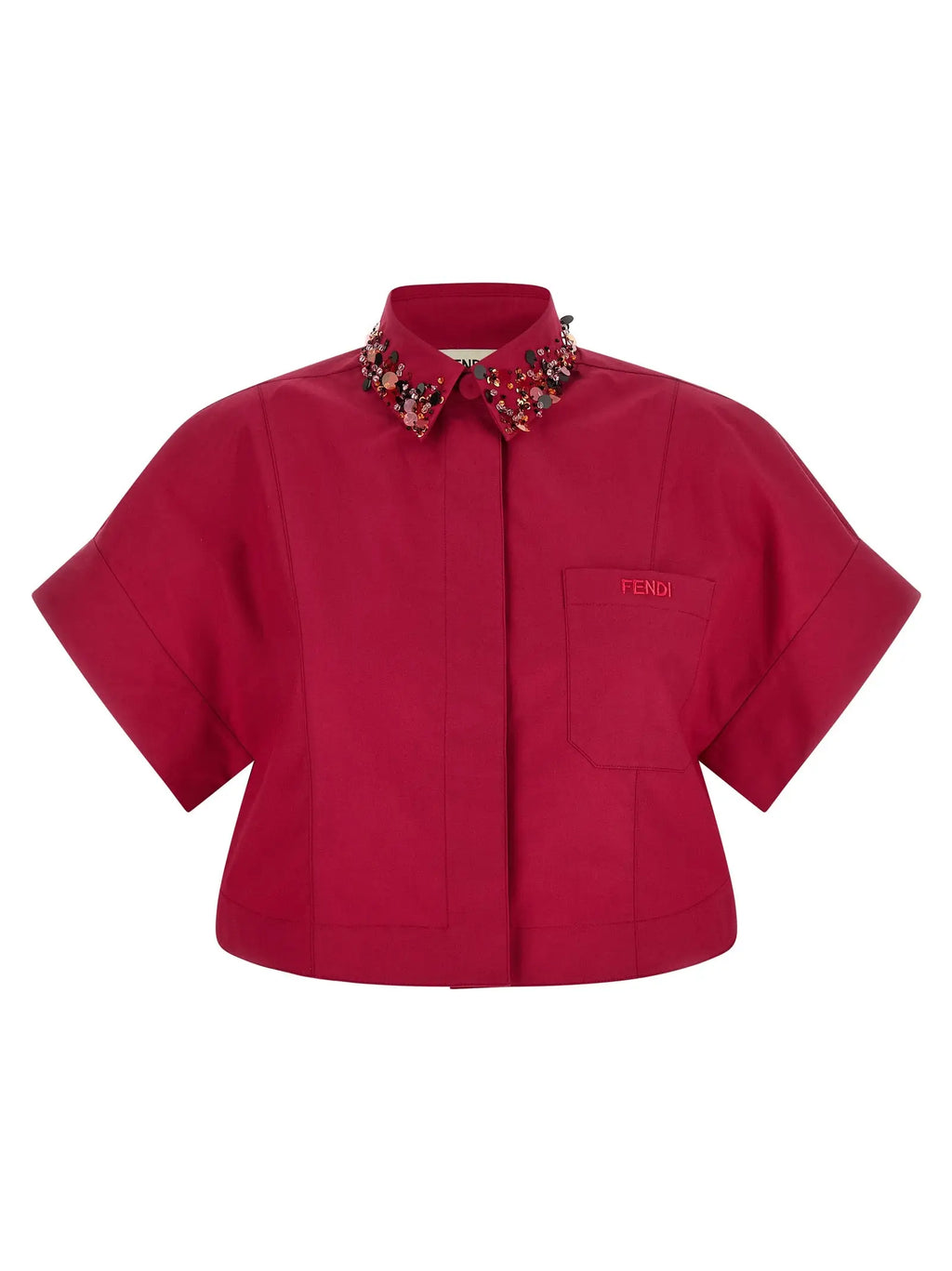 Fendi blouse multicolore en coton avec col floral et manches courtes rouge cropée